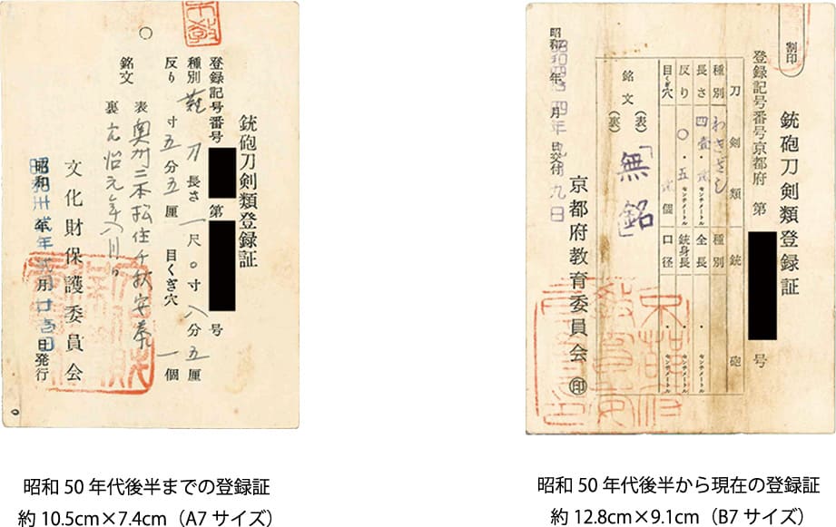 昭和50年代後半までの登録証と昭和50年代後半から現在の登録証