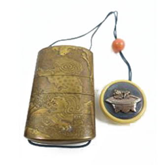 印籠 金蒔絵 獅子 象牙 饅頭根付セット